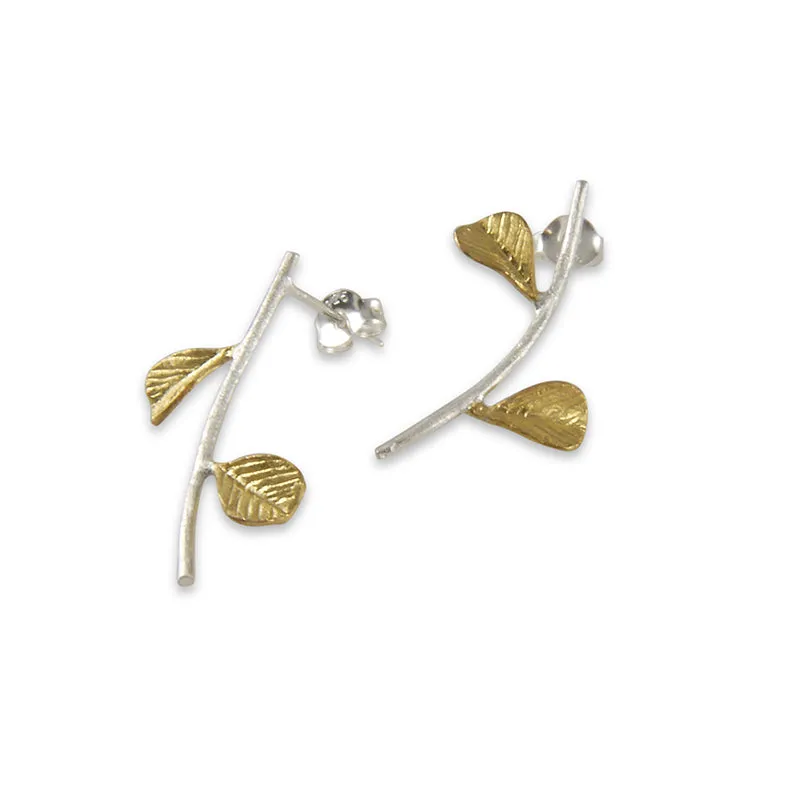 Cutout Flower branch Gold Sterling Silver Earrings